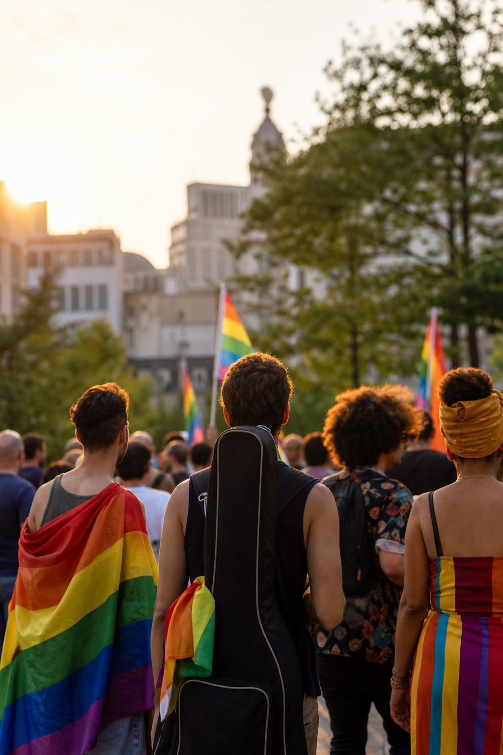 People gathering with rainbow flags at a pride event