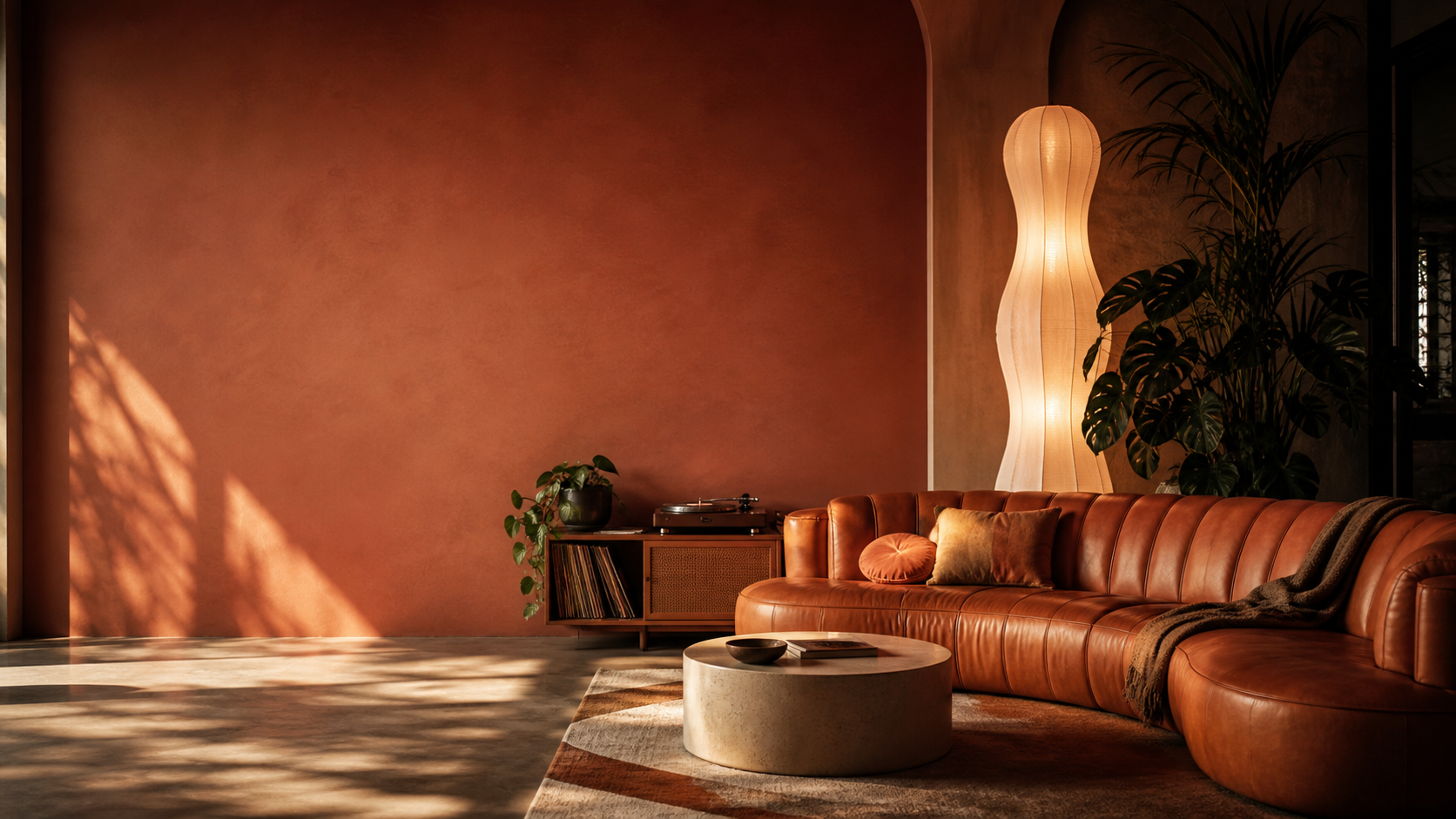 Warm interior with a curved sofa and record player